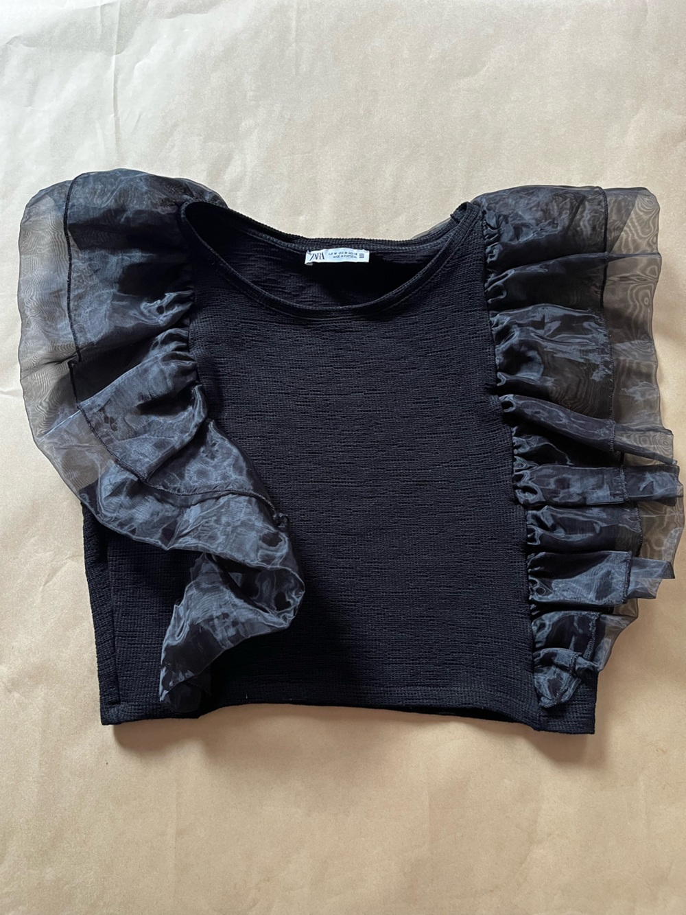 Zara Black Ruffle-Sleeve Crop Top